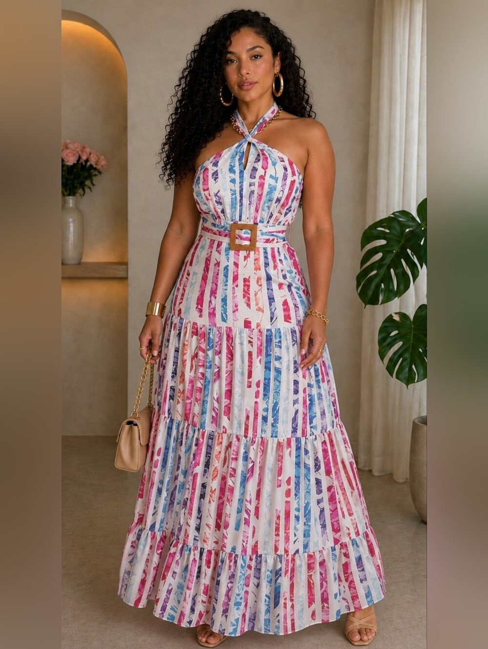 Blue Multi color stripe printed Maxi dress
